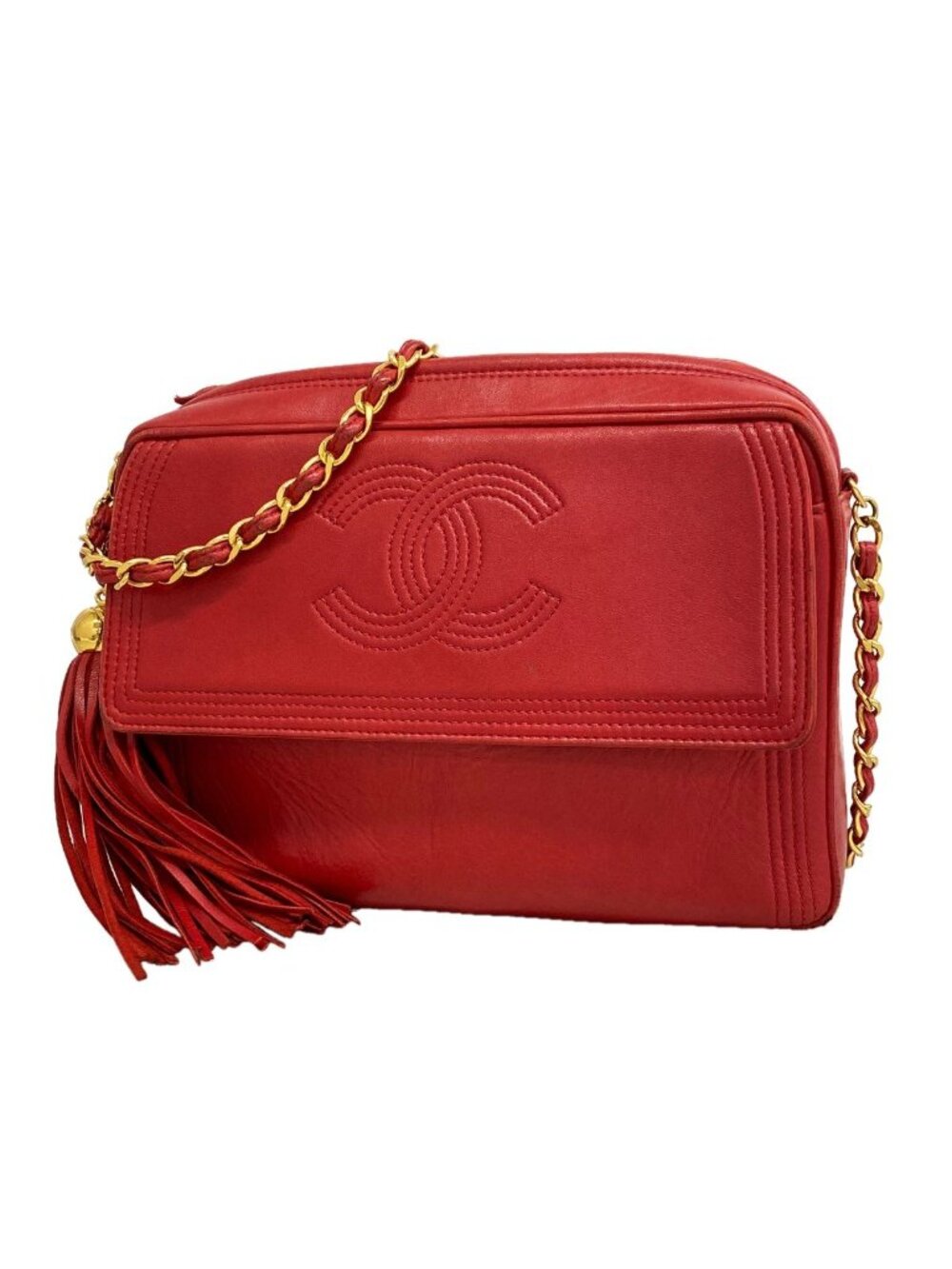 Chanel Shoulder Bag Leather Red Gold